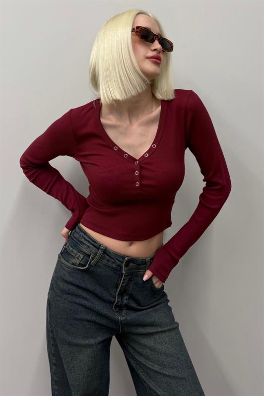 MDX Burgundy V-Neck Long Sleeve Button Detail Bodysuit MG2194 - A Coruña