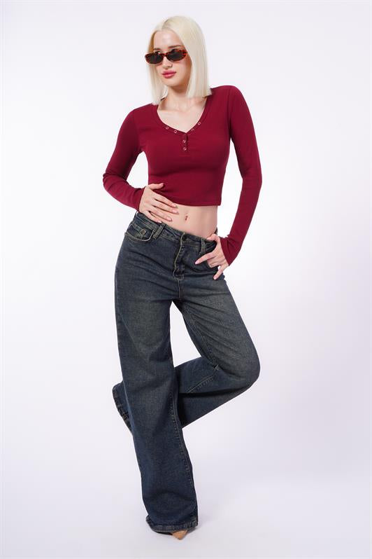 MDX Burgundy V-Neck Long Sleeve Button Detail Bodysuit MG2194 - A Coruña