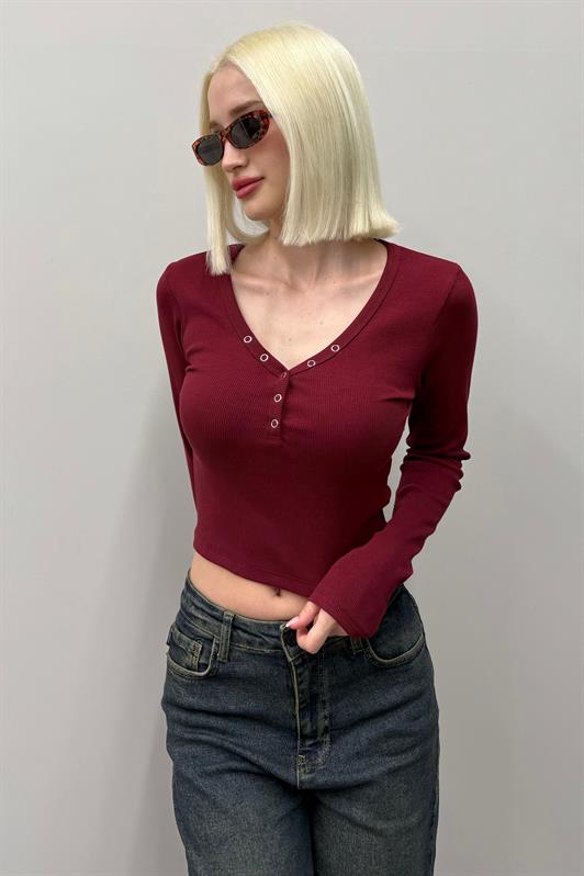 MDX Burgundy V-Neck Long Sleeve Button Detail Bodysuit MG2194 - A Coruña