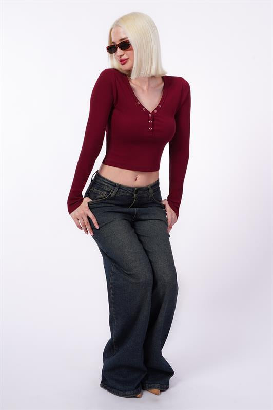 MDX Burgundy V-Neck Long Sleeve Button Detail Bodysuit MG2194 - A Coruña
