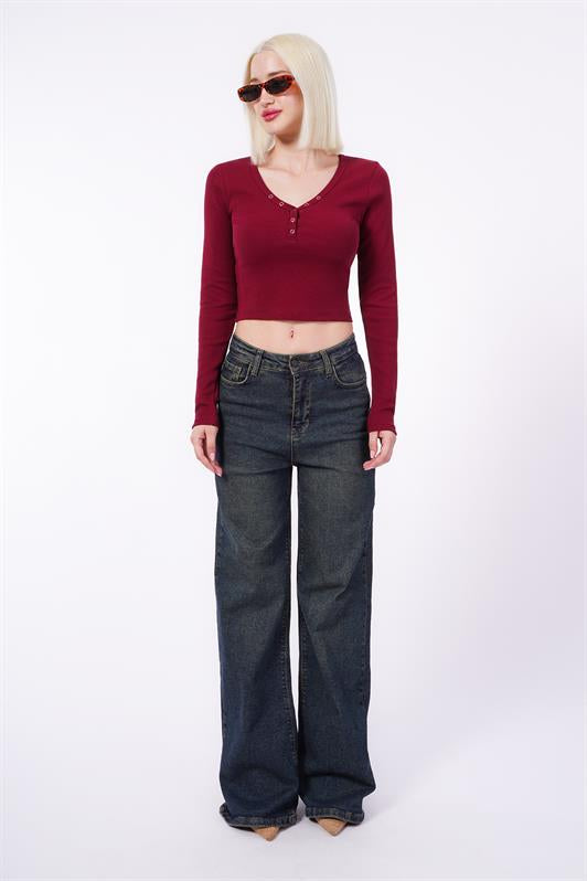 MDX Burgundy V-Neck Long Sleeve Button Detail Bodysuit MG2194 - A Coruña