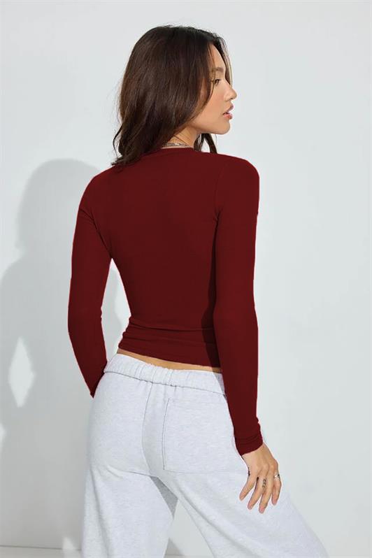 MDX Burgundy V-Neck Long Sleeve Bodysuit with Eyelash Lace Trim MG2192 - Hilo