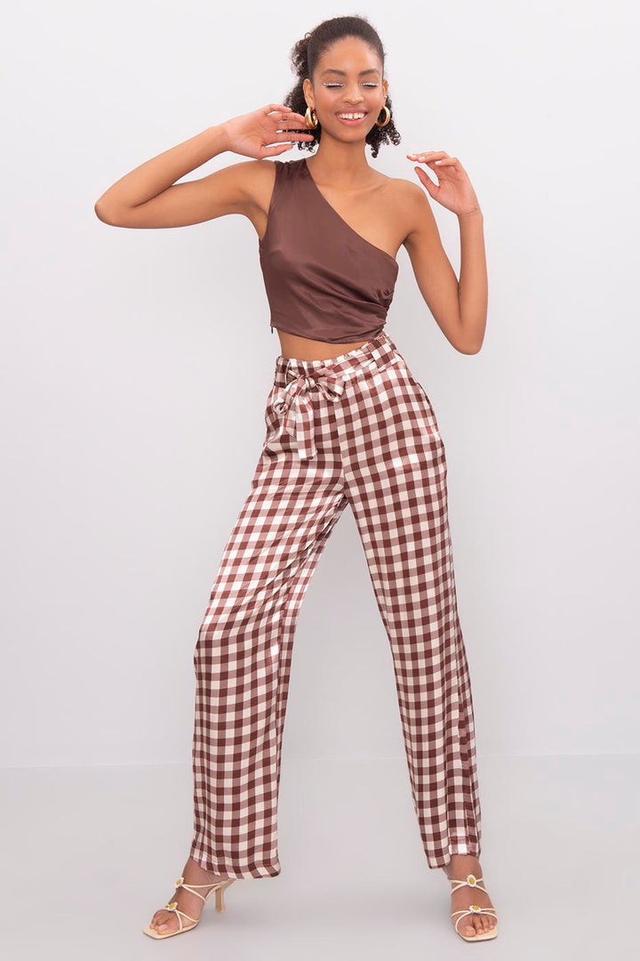 BSL Women Wide Leg Checked Satin Pants - Maintal