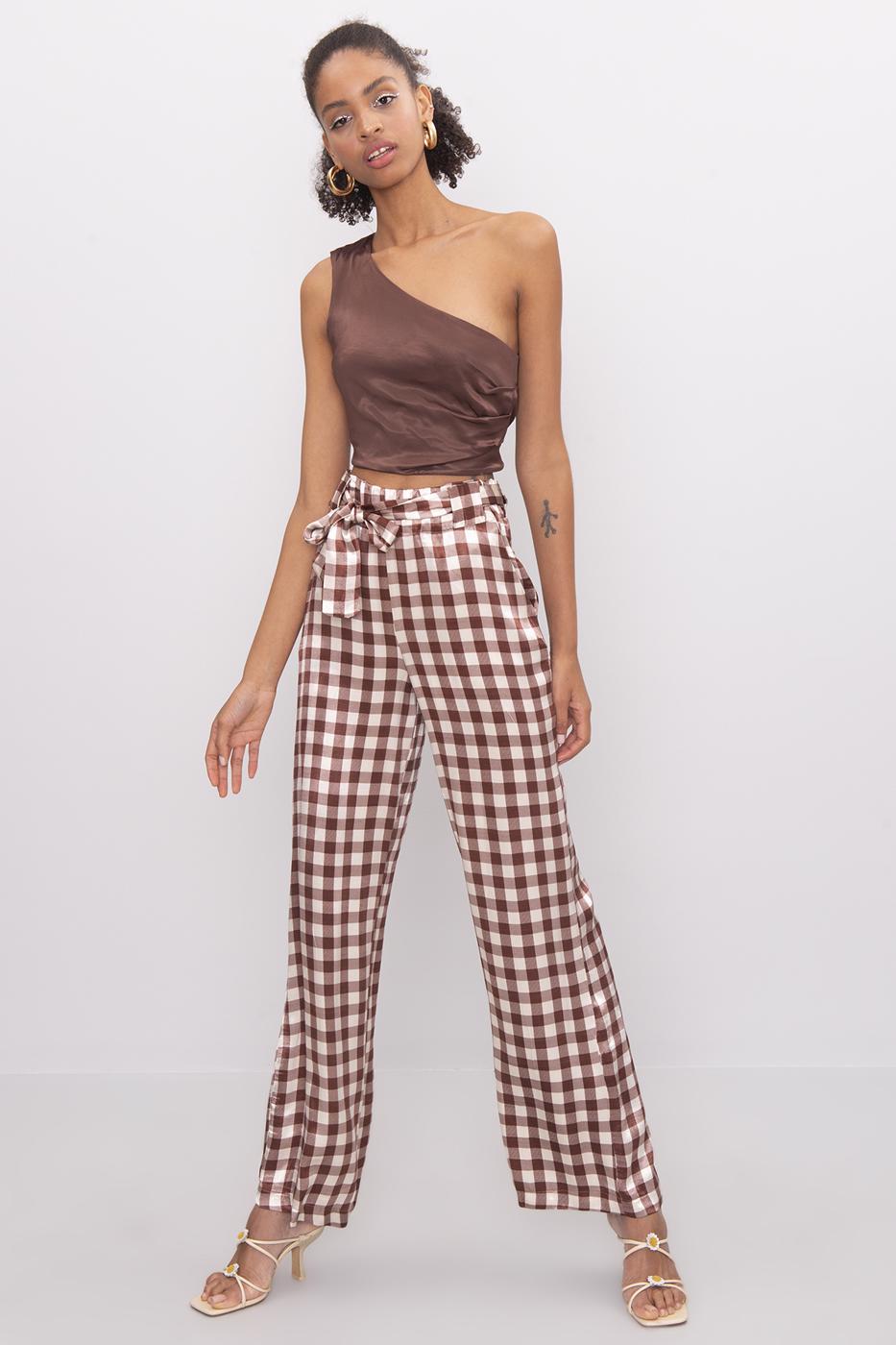 BSL Women Wide Leg Checked Satin Pants - Maintal