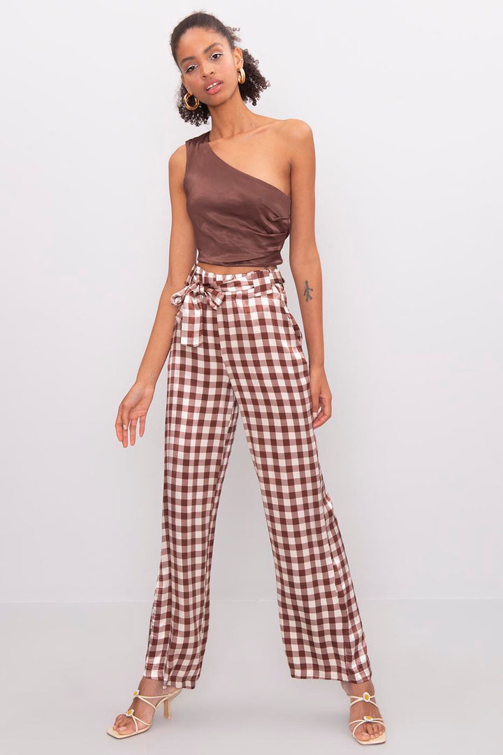 BSL Women Wide Leg Checked Satin Pants - Maintal