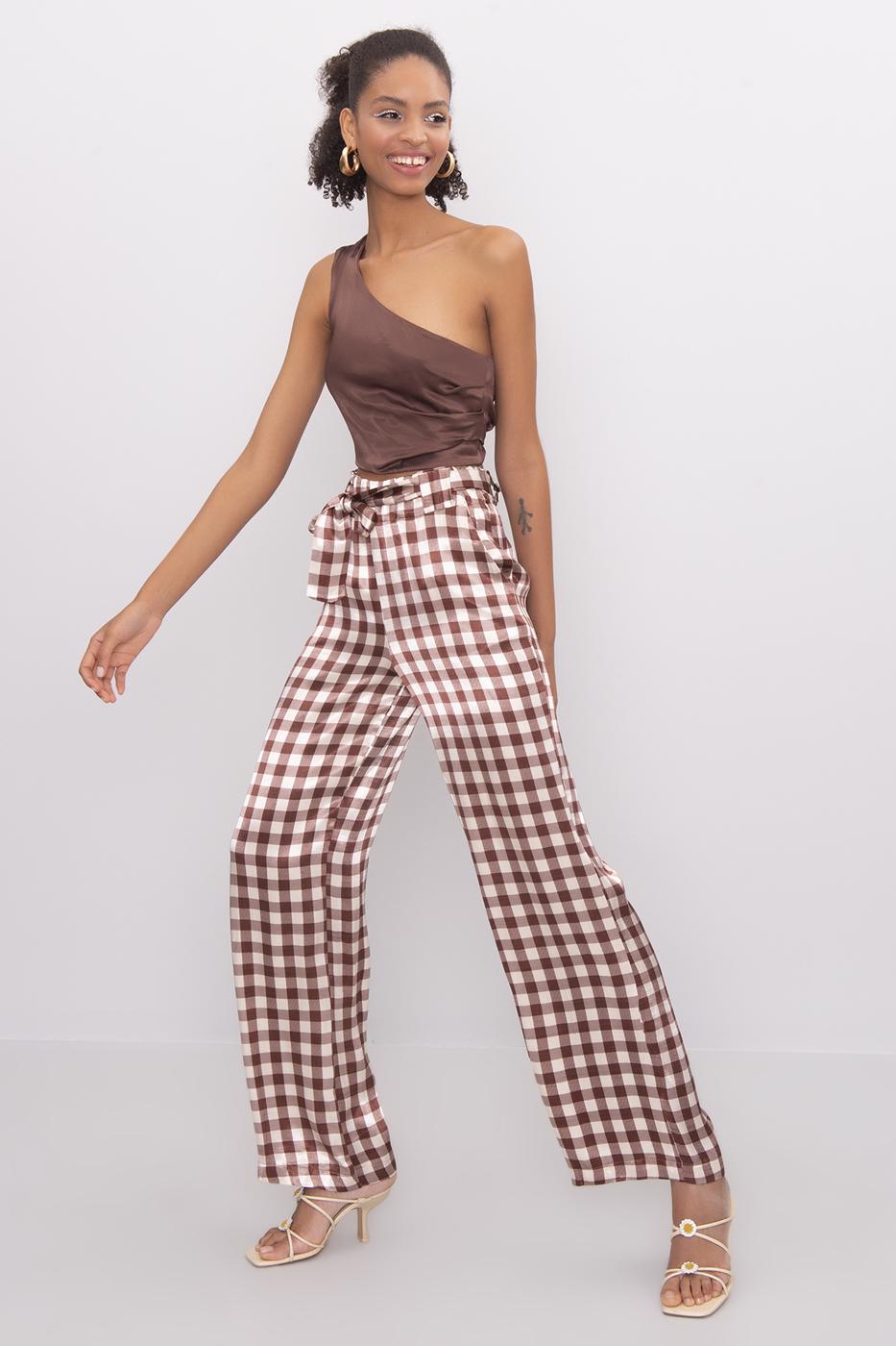 BSL Women Wide Leg Checked Satin Pants - Maintal