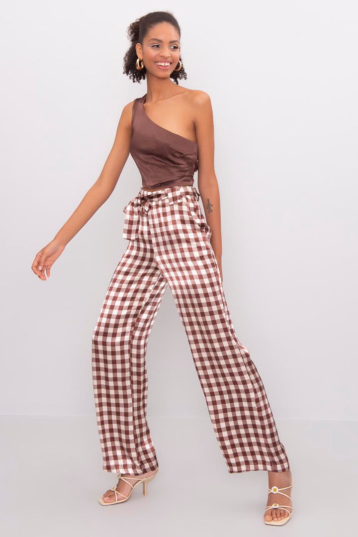 BSL Women Wide Leg Checked Satin Pants - Maintal