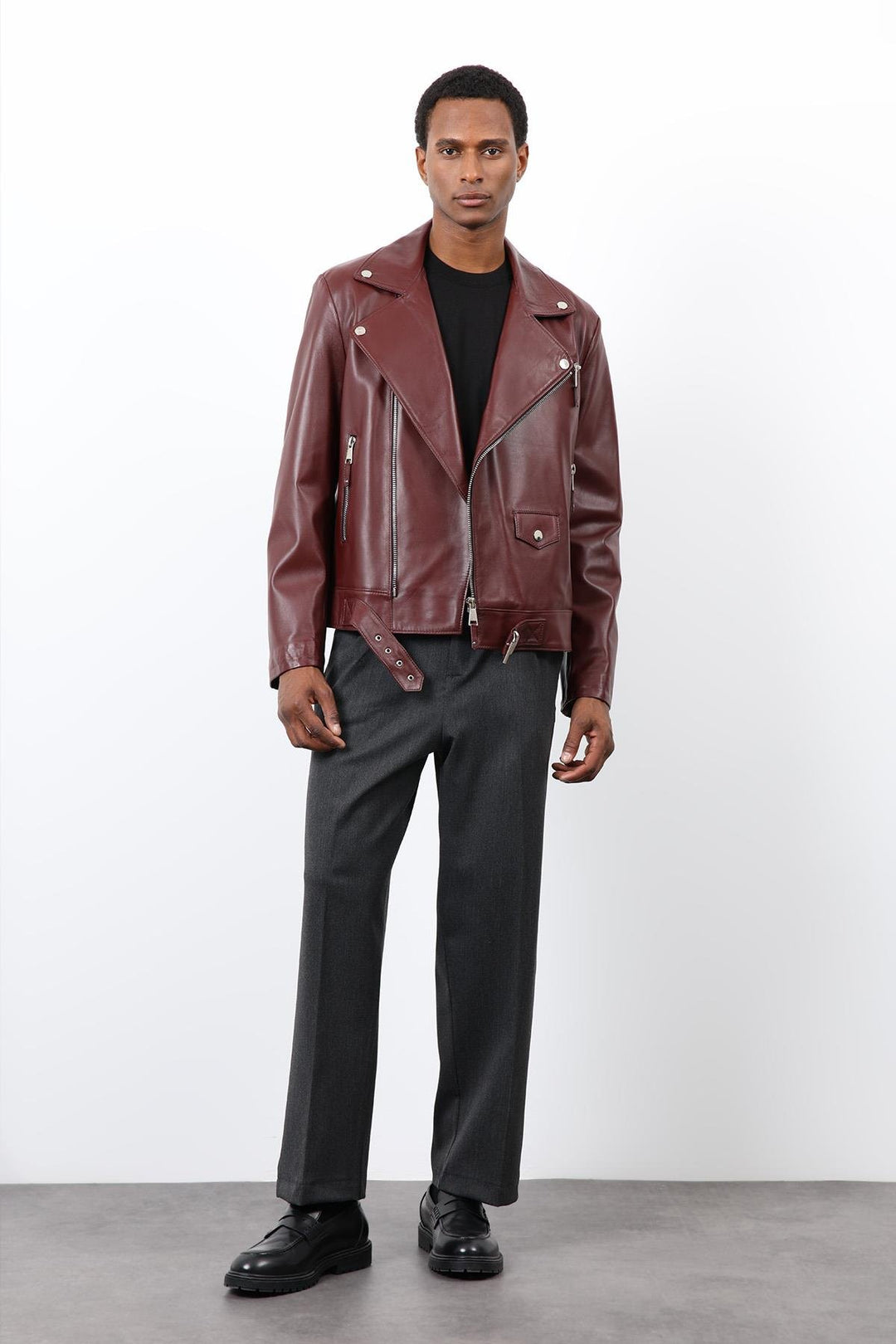 ANT Antioch Bordo 100% Deri Biker Ceket - Schiedam