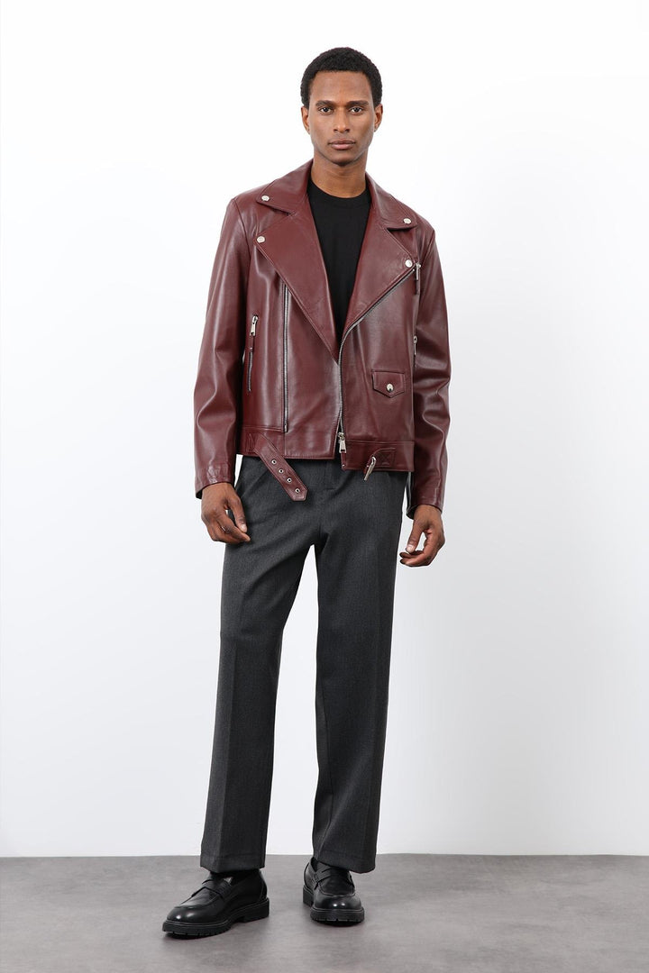 ANT Antioch Bordo 100% Deri Biker Ceket - Schiedam