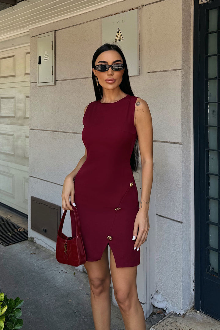 Burgundy Strappy Accessory Detailed Slit Mini Dress - Stralsund