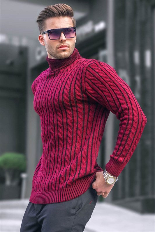 MDX Burgundy Fisherman Collar Sweater with Knit Details 6317 - Acatzingo