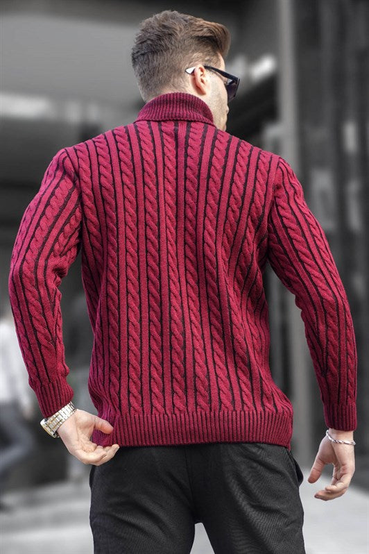 MDX Burgundy Fisherman Collar Sweater with Knit Details 6317 - Acatzingo