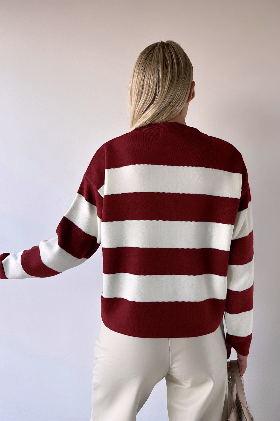 Burgundy Bicycle Neck Striped Soft Textured Basic Knit Sweater BC231035 - Worthing