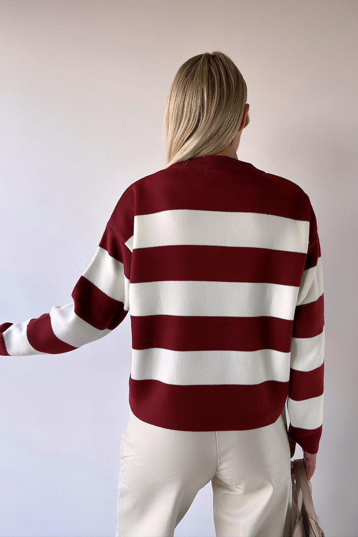 Burgundy Bicycle Neck Striped Soft Textured Basic Knit Sweater BC231035 - Worthing
