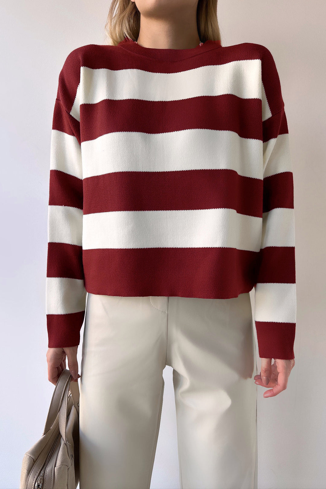 Burgundy Bicycle Neck Striped Soft Textured Basic Knit Sweater BC231035 - Worthing