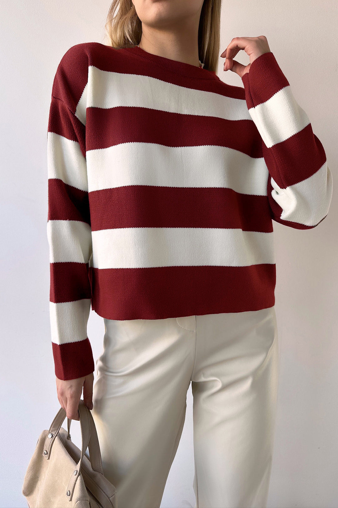 Burgundy Bicycle Neck Striped Soft Textured Basic Knit Sweater BC231035 - Worthing