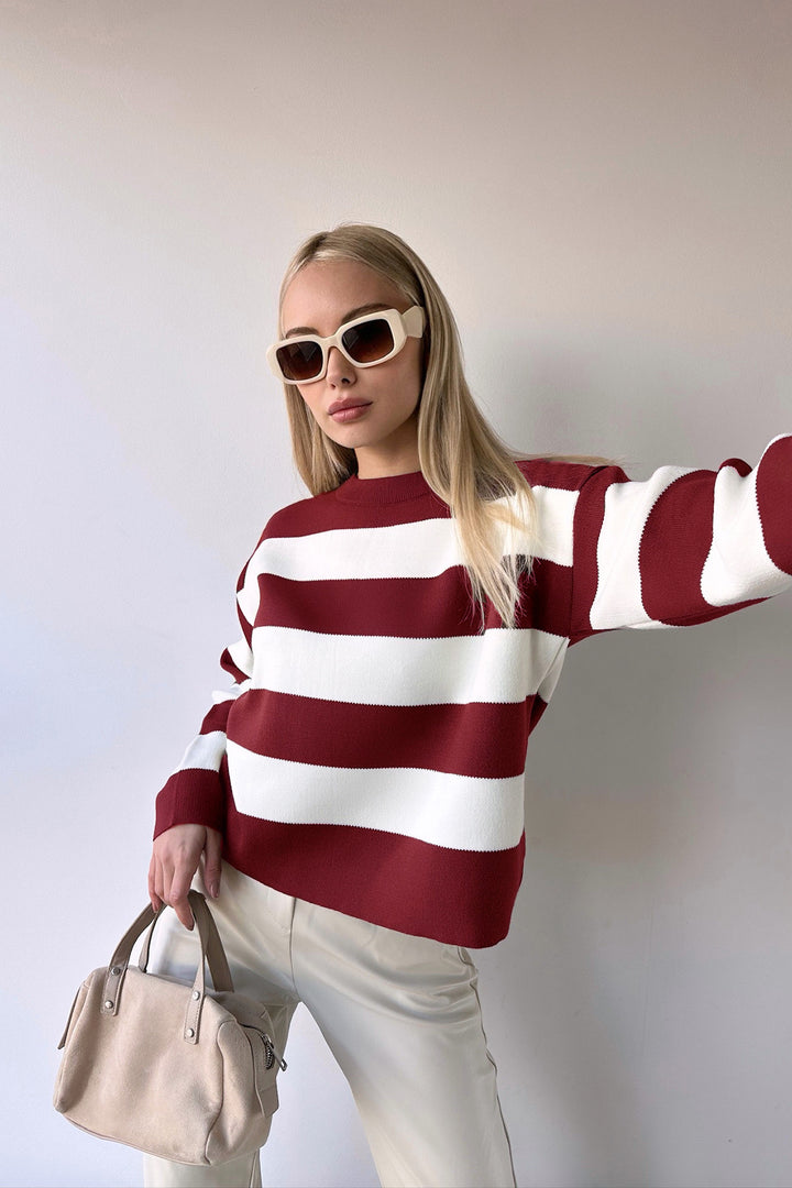 Burgundy Bicycle Neck Striped Soft Textured Basic Knit Sweater BC231035 - Worthing