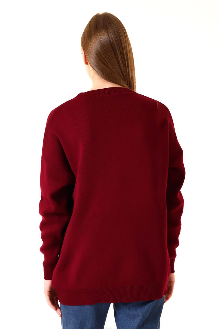 Burgundy Bicycle Neck Heart Pattern Winter Sweater BCVL-T243150 - Hicksville