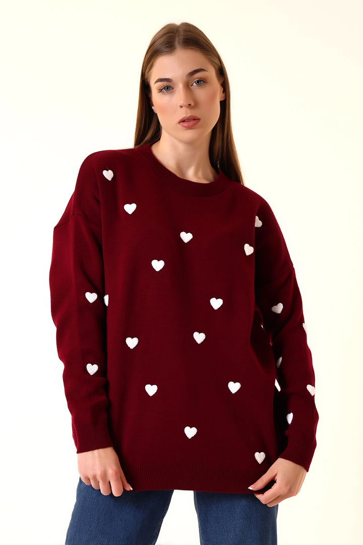 Burgundy Bicycle Neck Heart Pattern Winter Sweater BCVL-T243150 - Hicksville