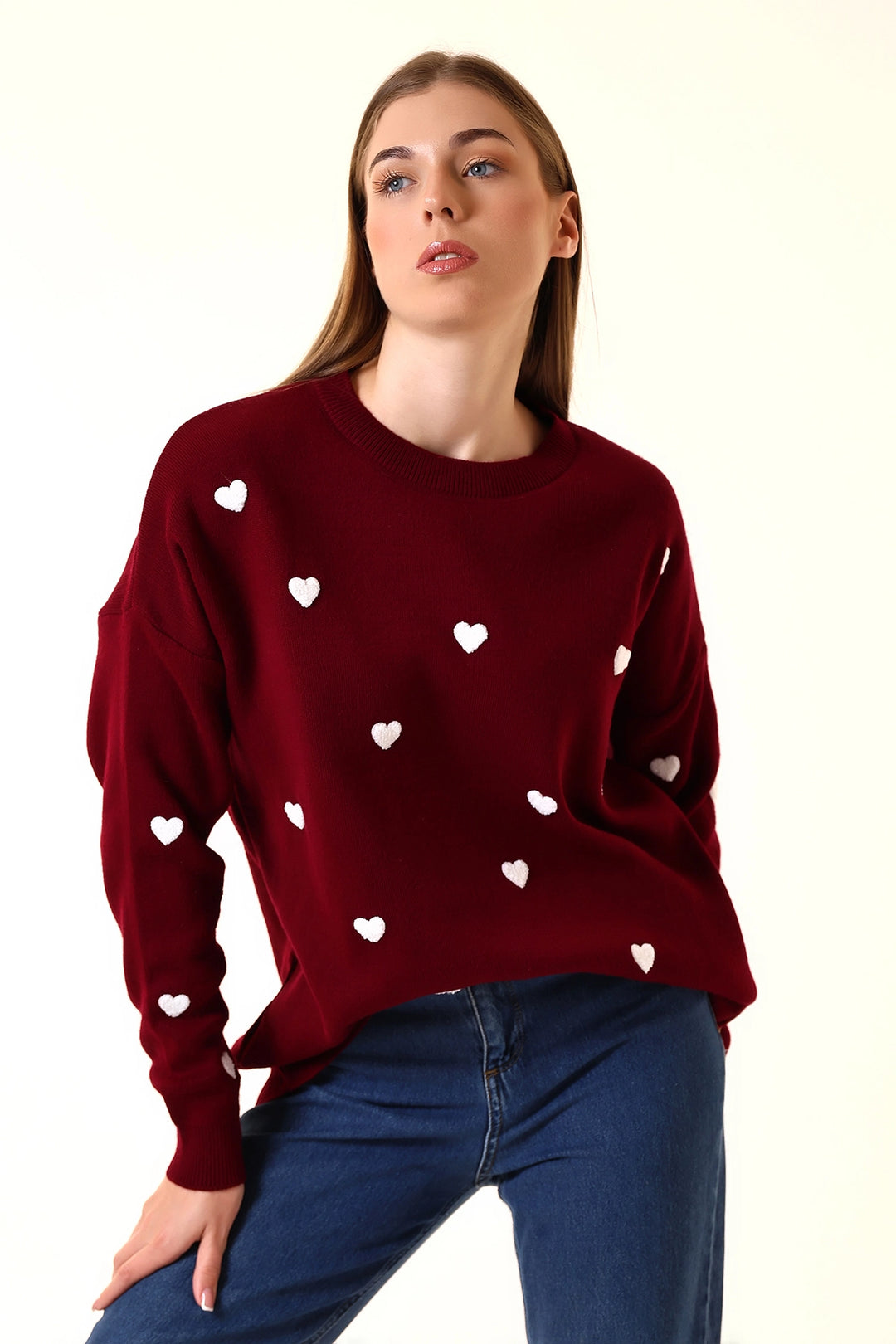 Burgundy Bicycle Neck Heart Pattern Winter Sweater BCVL-T243150 - Hicksville