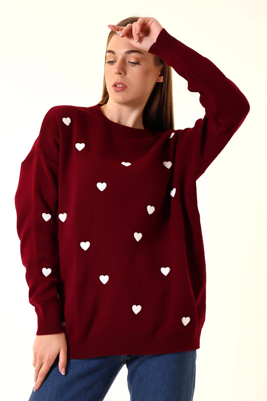 Burgundy Bicycle Neck Heart Pattern Winter Sweater BCVL-T243150 - Hicksville
