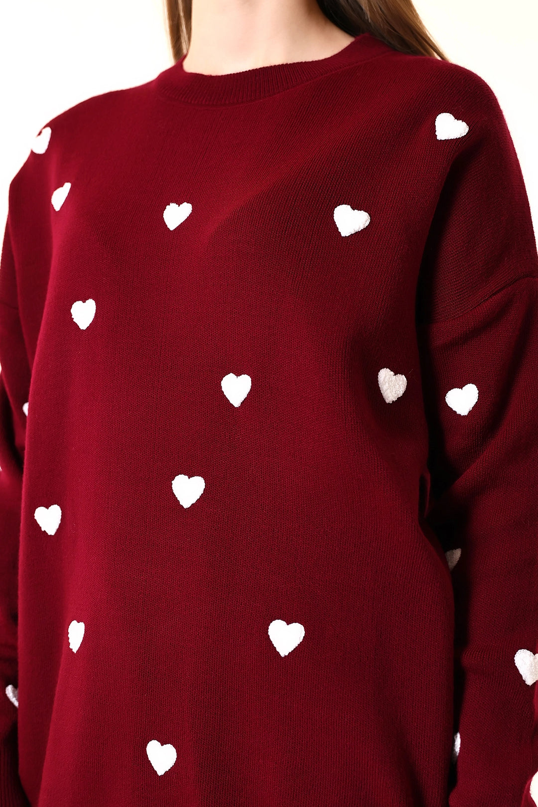 Burgundy Bicycle Neck Heart Pattern Winter Sweater BCVL-T243150 - Hicksville