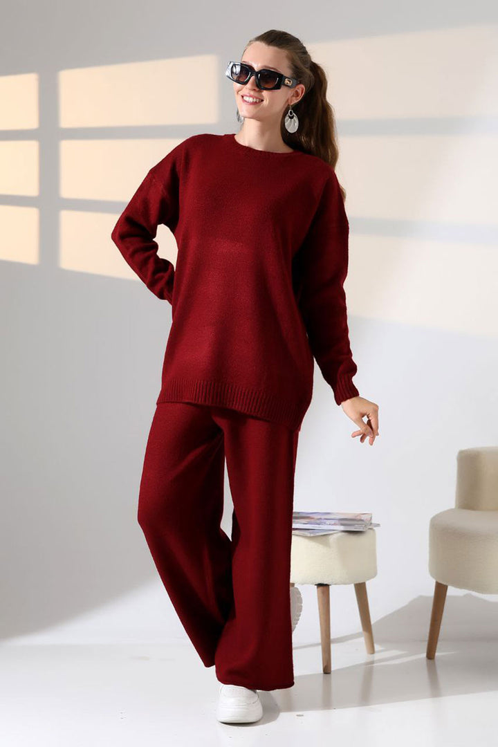 Burgundy Bicycle Neck Sweater and Wide Leg Pants Top Bottom Knit Set BCES-252005 - Spruce Grove