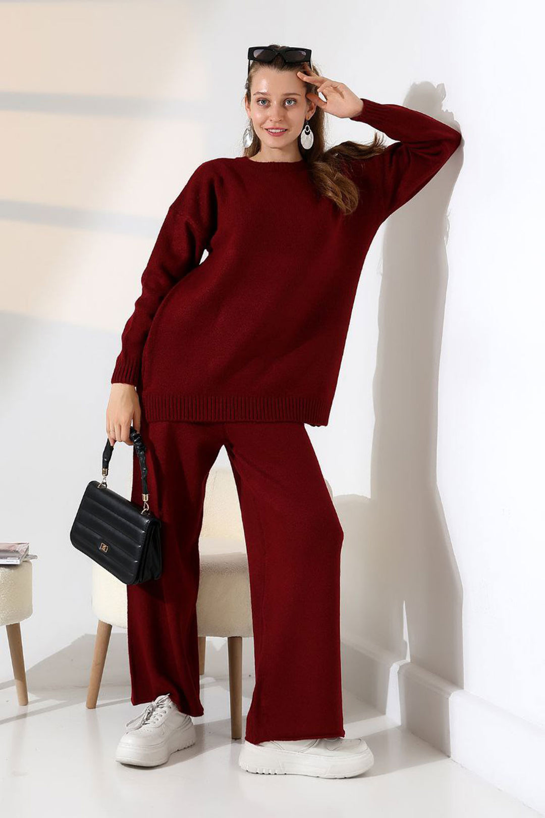 Burgundy Bicycle Neck Sweater and Wide Leg Pants Top Bottom Knit Set BCES-252005 - Spruce Grove