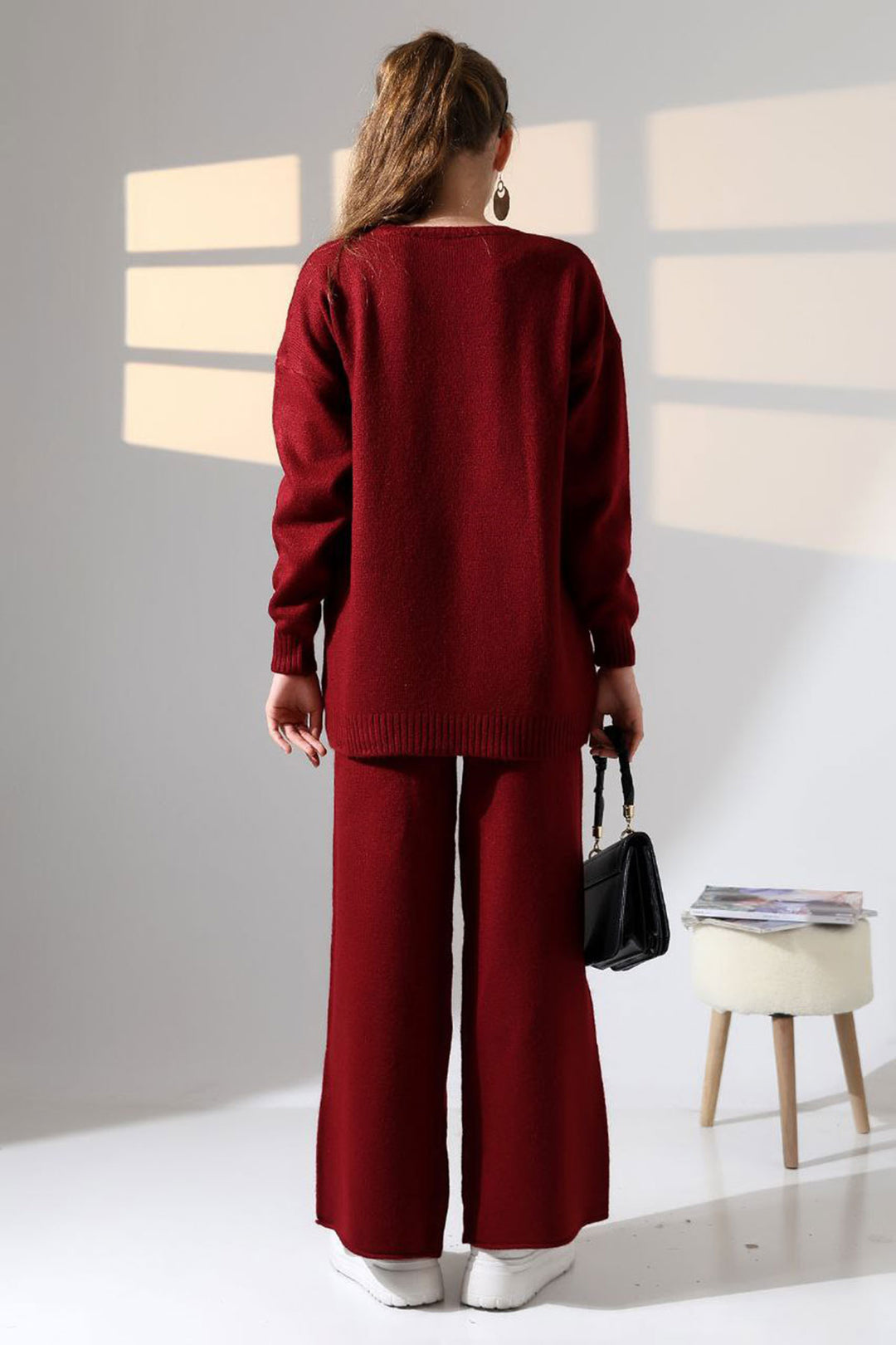 Burgundy Bicycle Neck Sweater and Wide Leg Pants Top Bottom Knit Set BCES-252005 - Spruce Grove