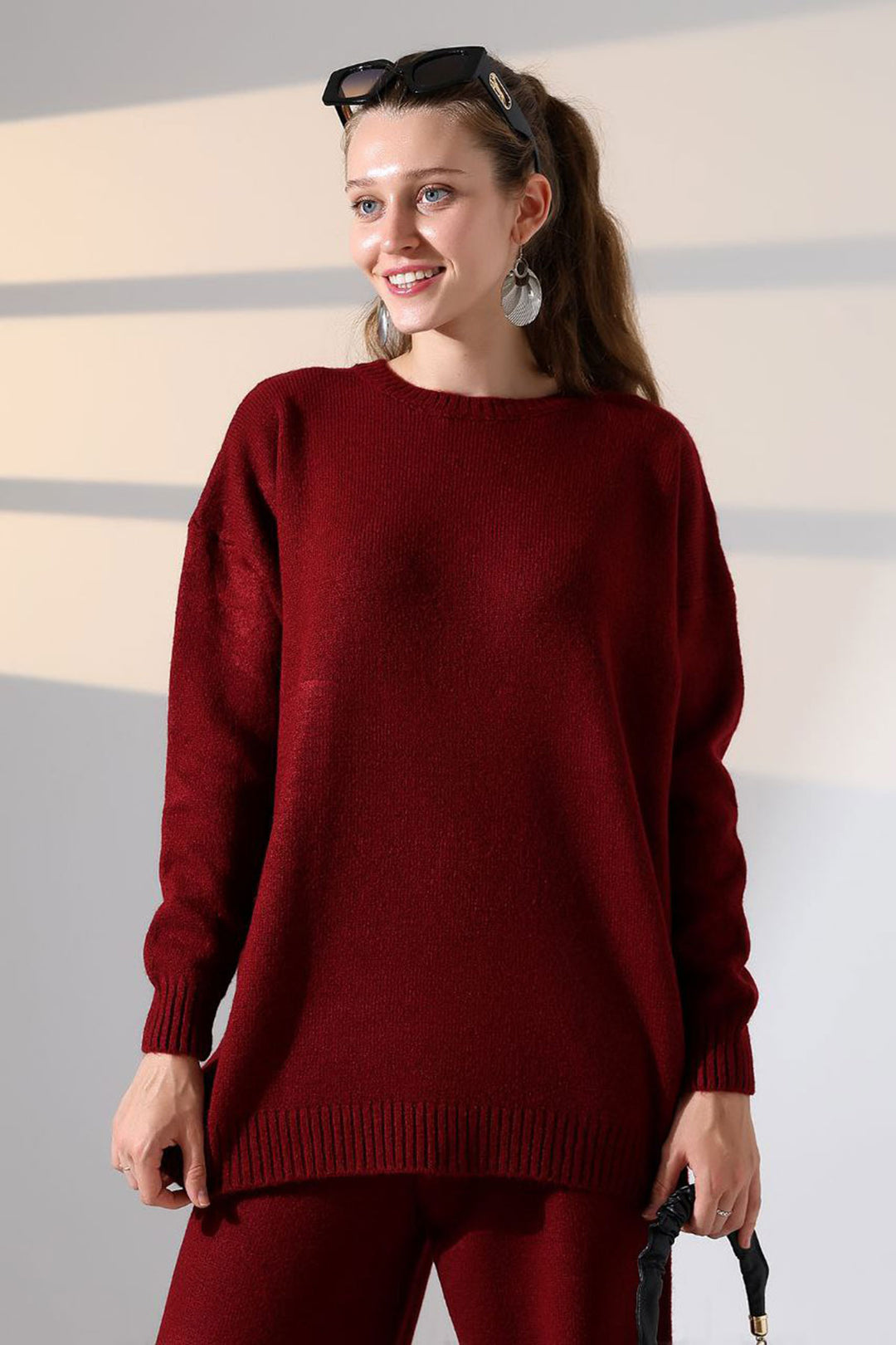 Burgundy Bicycle Neck Sweater and Wide Leg Pants Top Bottom Knit Set BCES-252005 - Spruce Grove
