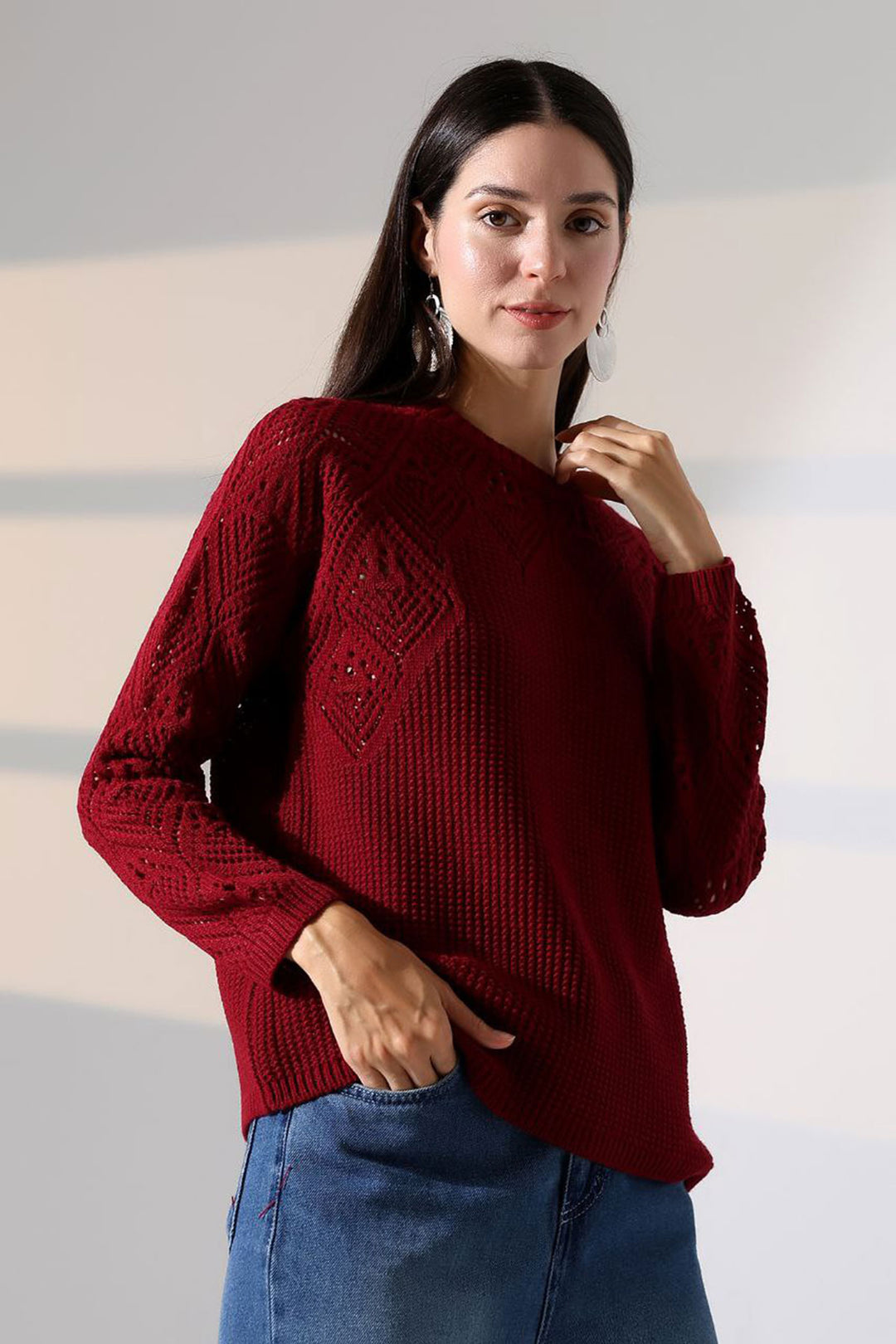 Burgundy Bicycle Collar Embroidered Sweater BCES-252036 - San Jacinto
