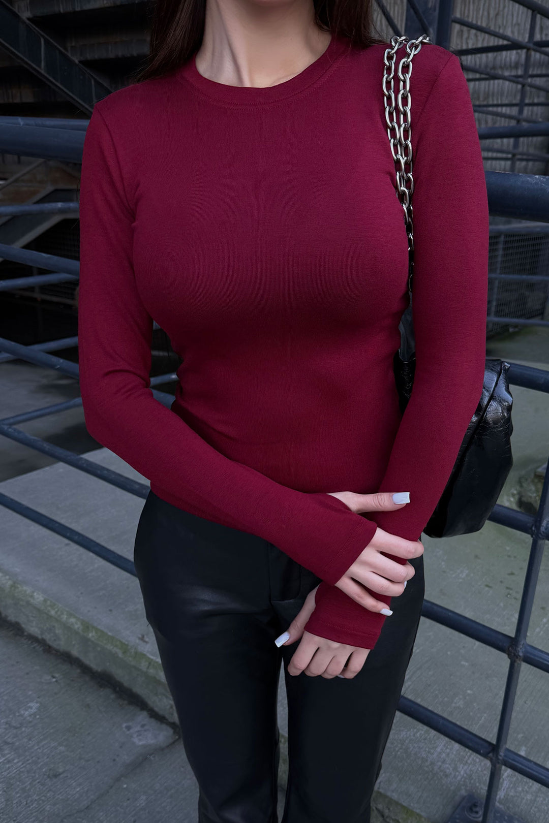 Burgundy Bicycle Neck Finger Detailed Ultra Soft Fabric Blouse BCDF-25B0001 - Trani