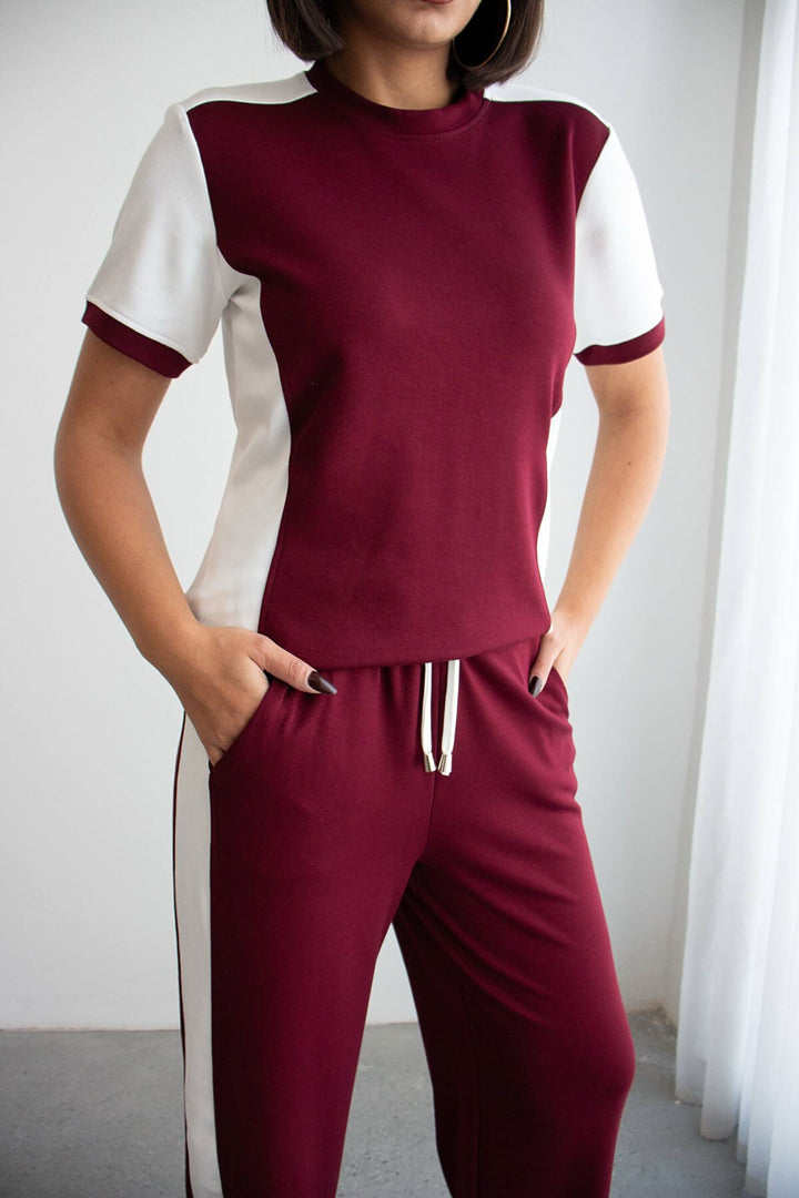 Bordo Blok Detaylı Yumuşak Dokulu Modal Kumaş Alt Üst Takım BCHN-2626126 - Zhytomyr
