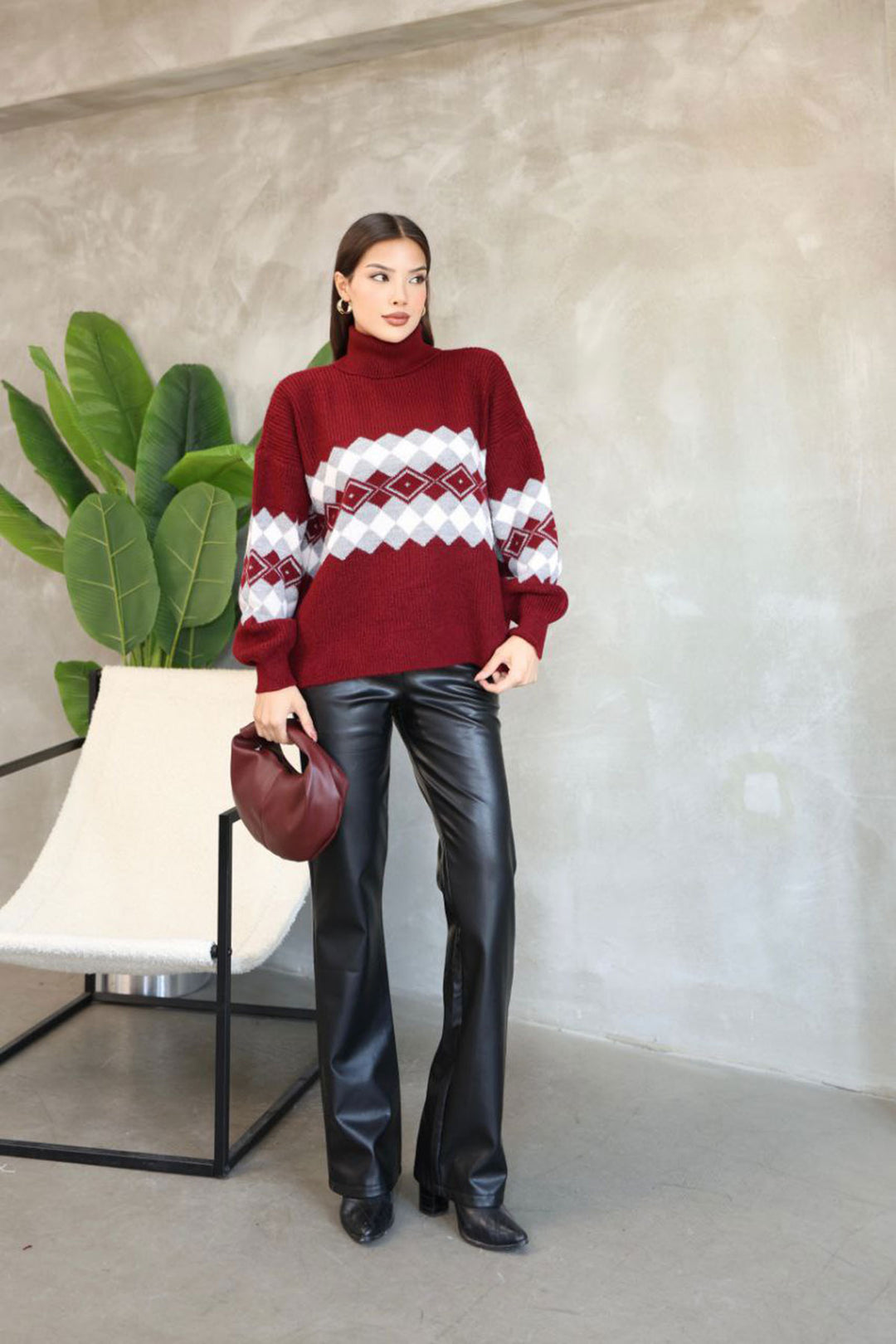 Burgundy Turtleneck Patterned Sweater BCES-252010 - Rennes
