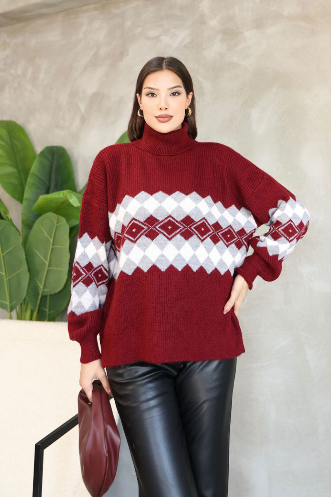 Burgundy Turtleneck Patterned Sweater BCES-252010 - Rennes
