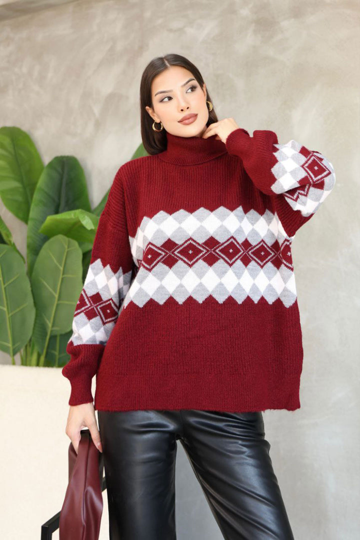 Burgundy Turtleneck Patterned Sweater BCES-252010 - Rennes