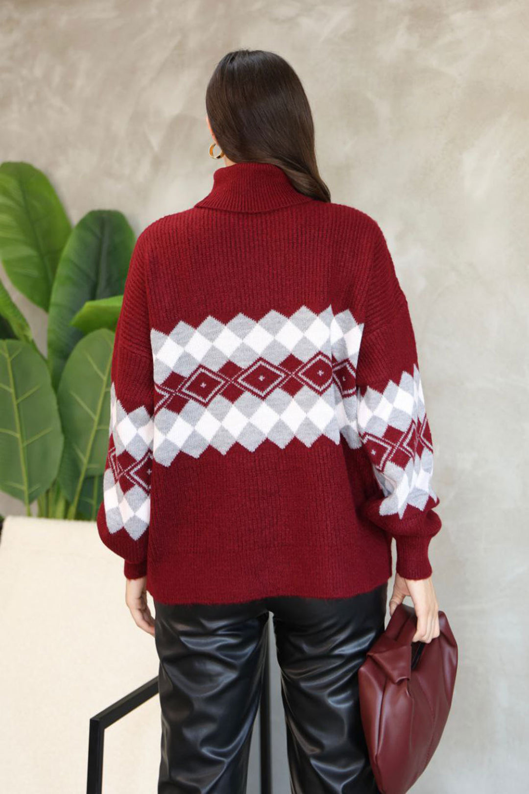 Burgundy Turtleneck Patterned Sweater BCES-252010 - Rennes
