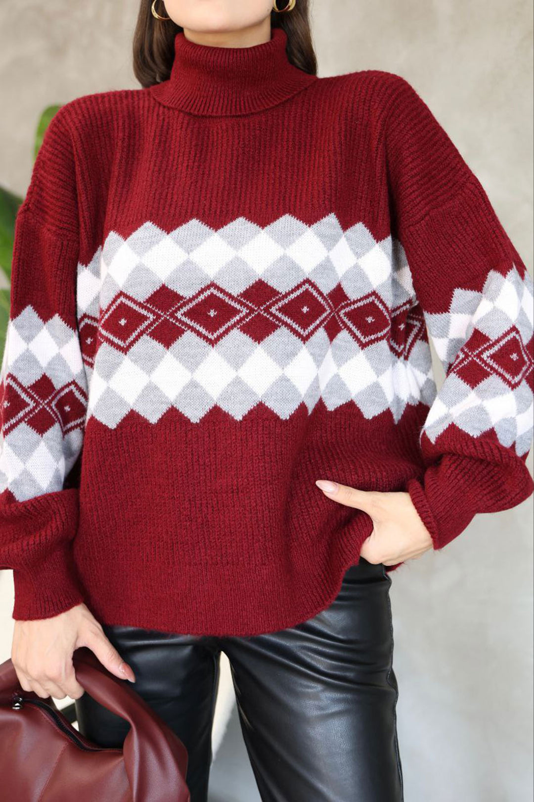Burgundy Turtleneck Patterned Sweater BCES-252010 - Rennes