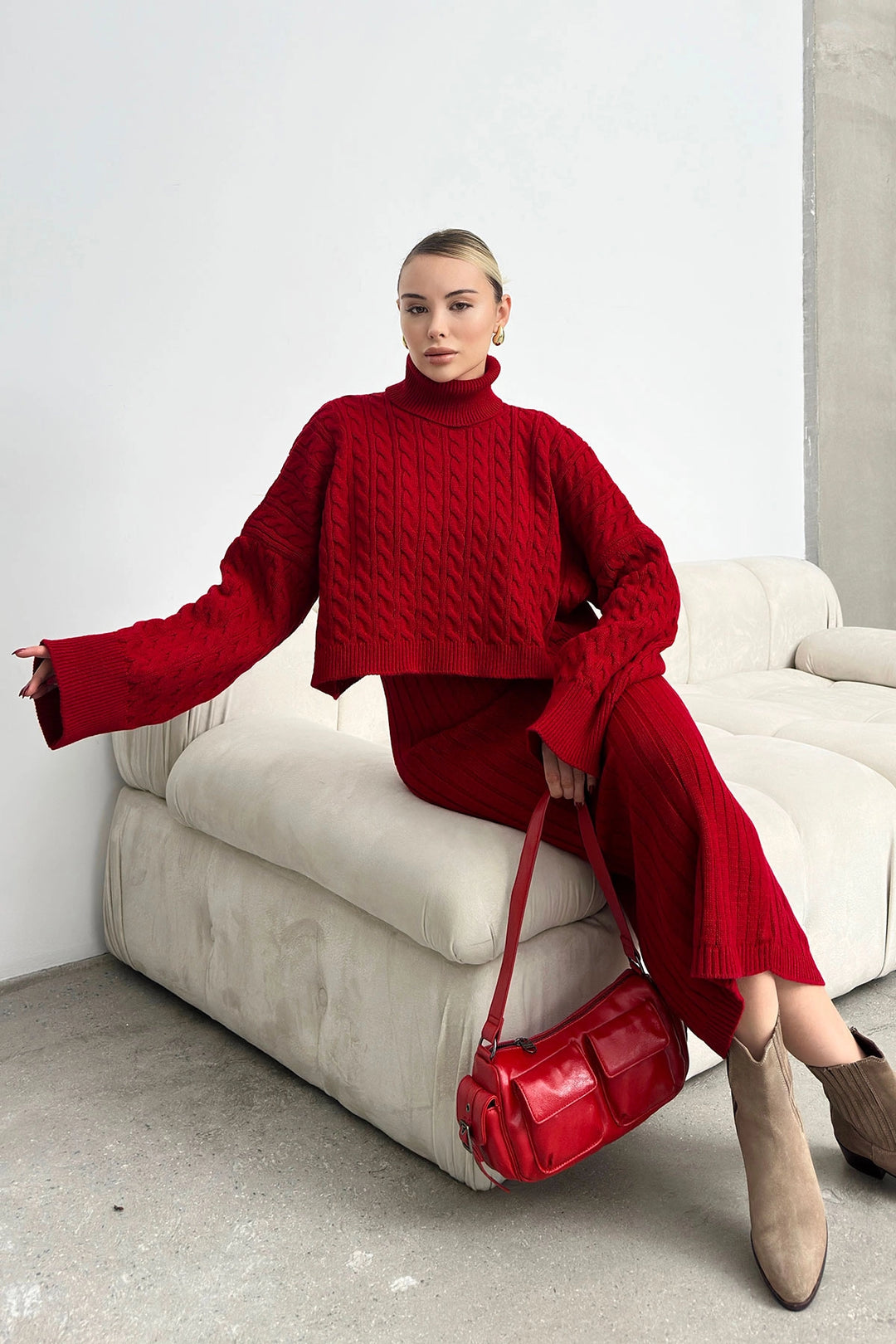Burgundy Turtleneck Knitted Crop Sweater and Knitted Dress Set BC231004 - New Berlin