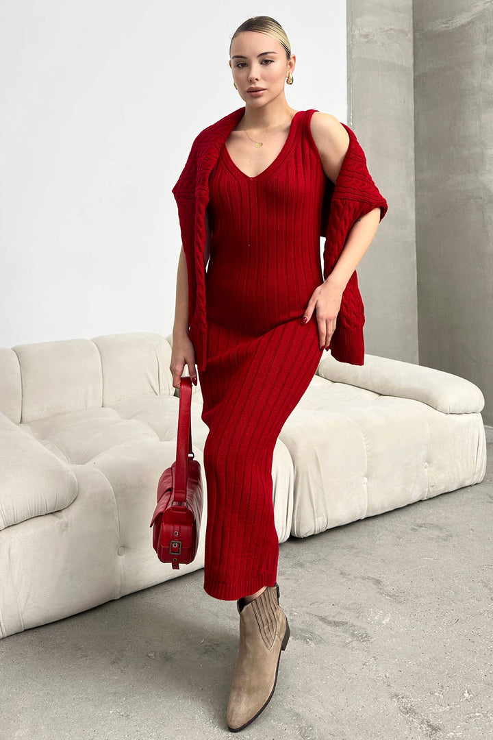 Burgundy Turtleneck Knitted Crop Sweater and Knitted Dress Set BC231004 - New Berlin