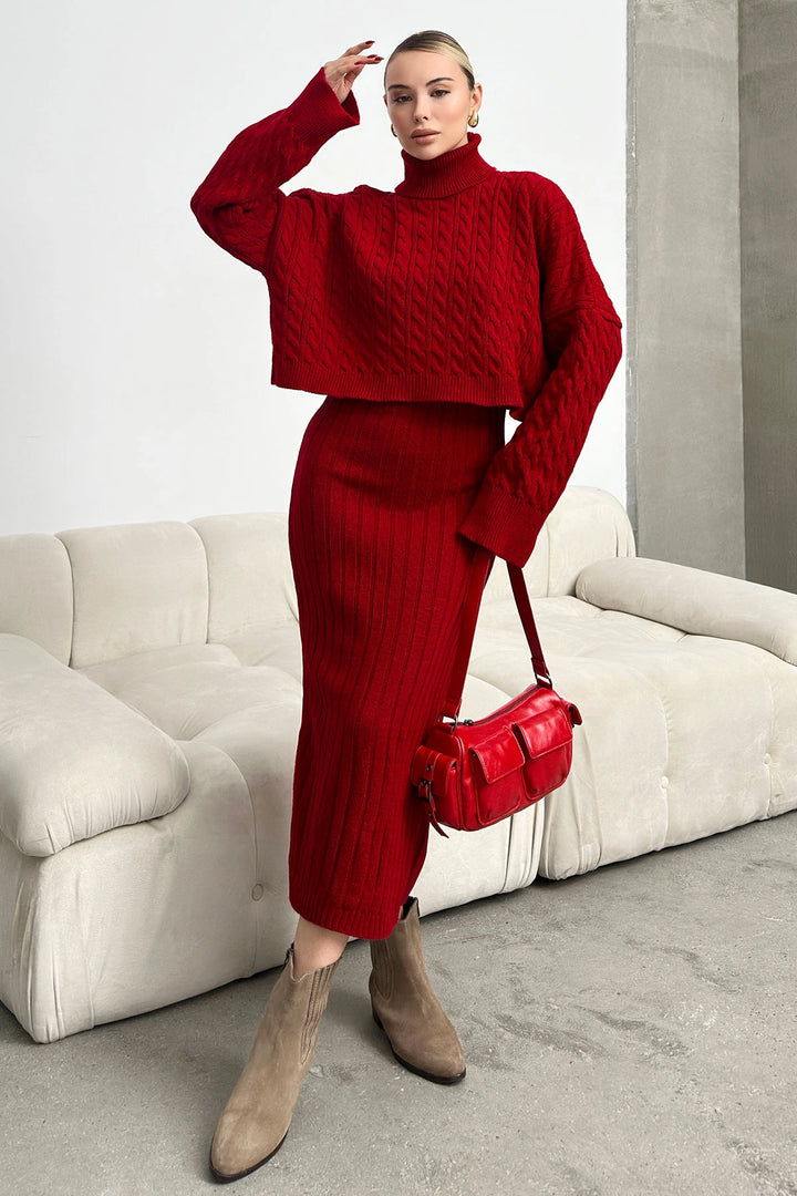 Burgundy Turtleneck Knitted Crop Sweater and Knitted Dress Set BC231004 - New Berlin
