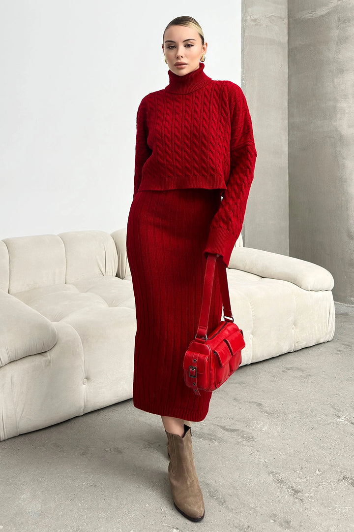 Burgundy Turtleneck Knitted Crop Sweater and Knitted Dress Set BC231004 - New Berlin