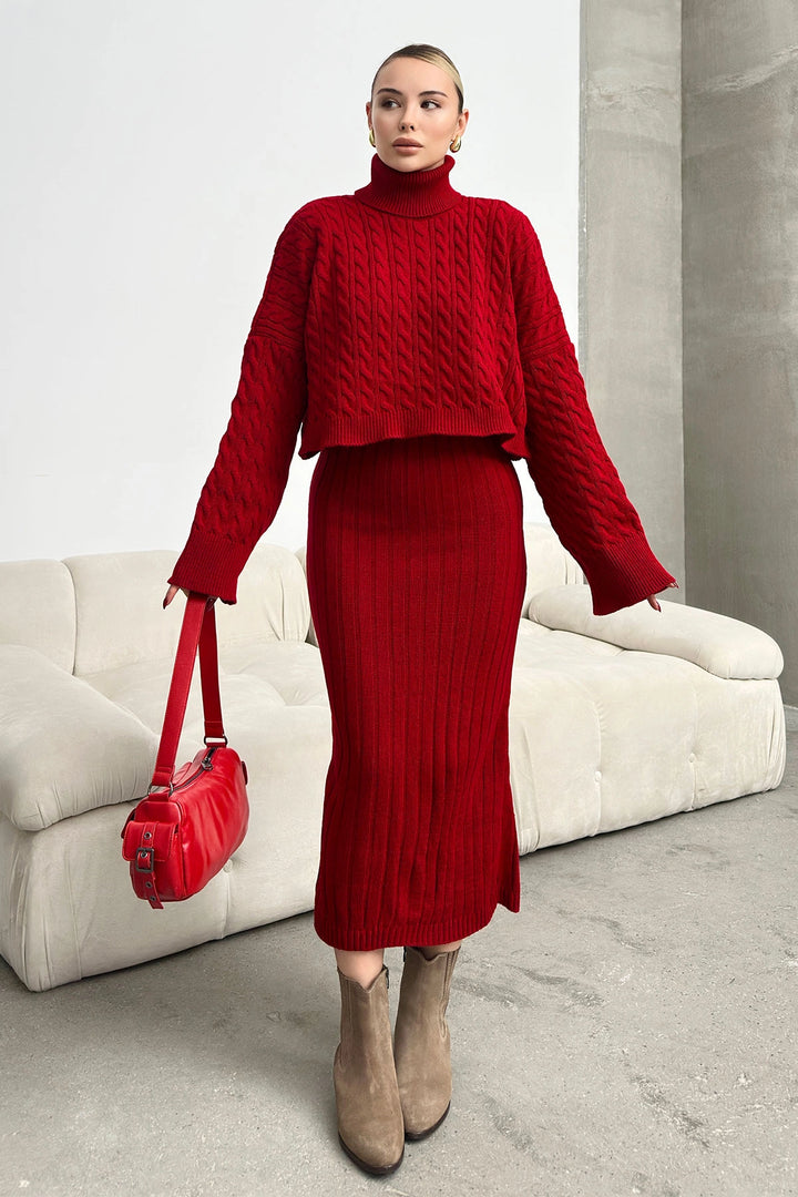 Burgundy Turtleneck Knitted Crop Sweater and Knitted Dress Set BC231004 - New Berlin