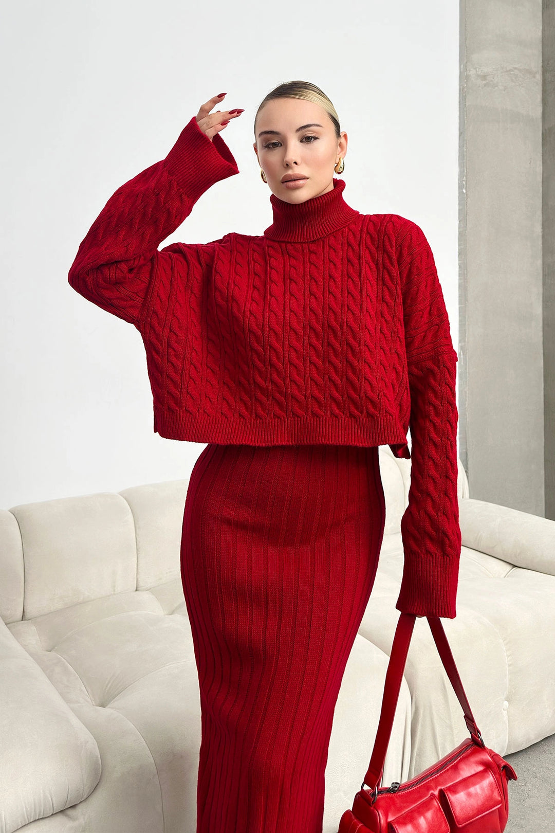 Burgundy Turtleneck Knitted Crop Sweater and Knitted Dress Set BC231004 - New Berlin