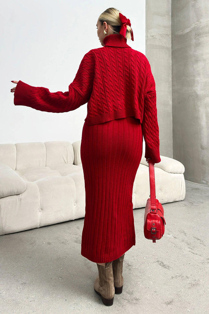 Burgundy Turtleneck Knitted Crop Sweater and Knitted Dress Set BC231004 - New Berlin
