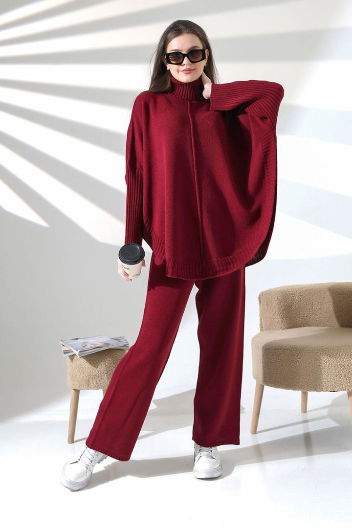 Burgundy Turtleneck Loose Fit Sweater and Slim Fit Pants Top Bottom Knit Set BCES-252033 - Heist-op-den-Berg