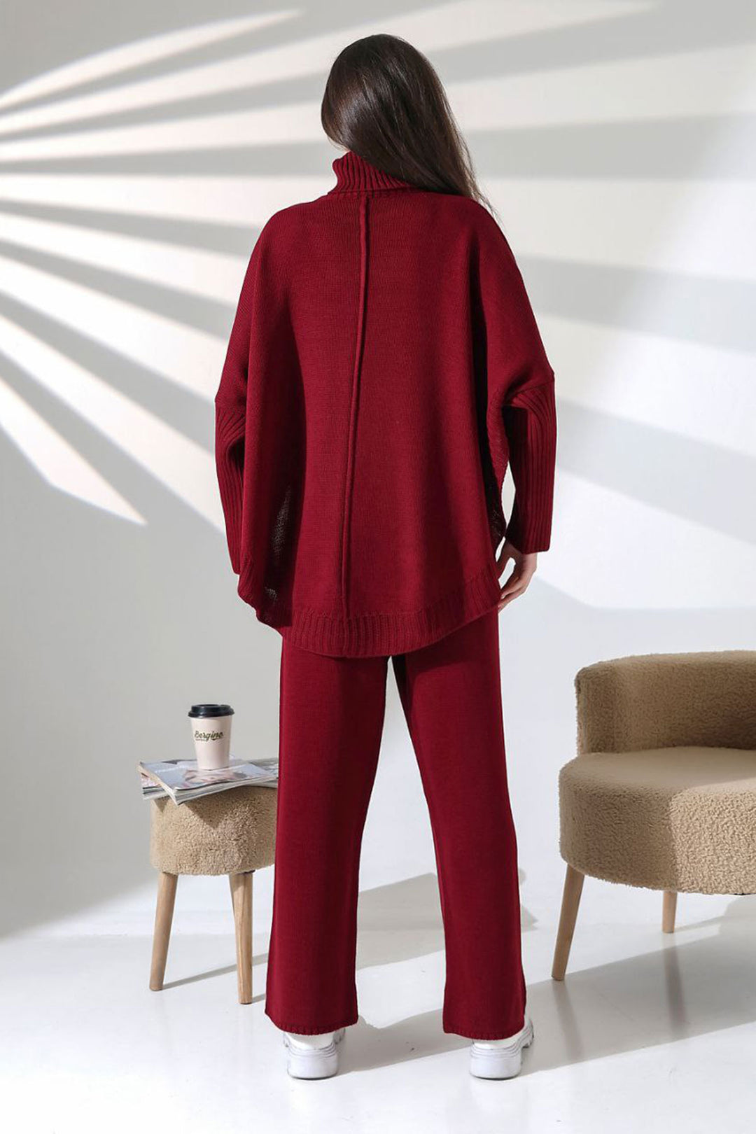 Burgundy Turtleneck Loose Fit Sweater and Slim Fit Pants Top Bottom Knit Set BCES-252033 - Heist-op-den-Berg