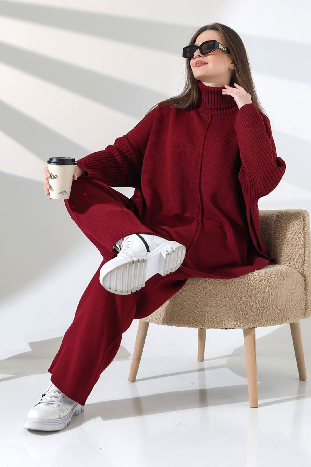Burgundy Turtleneck Loose Fit Sweater and Slim Fit Pants Top Bottom Knit Set BCES-252033 - Heist-op-den-Berg