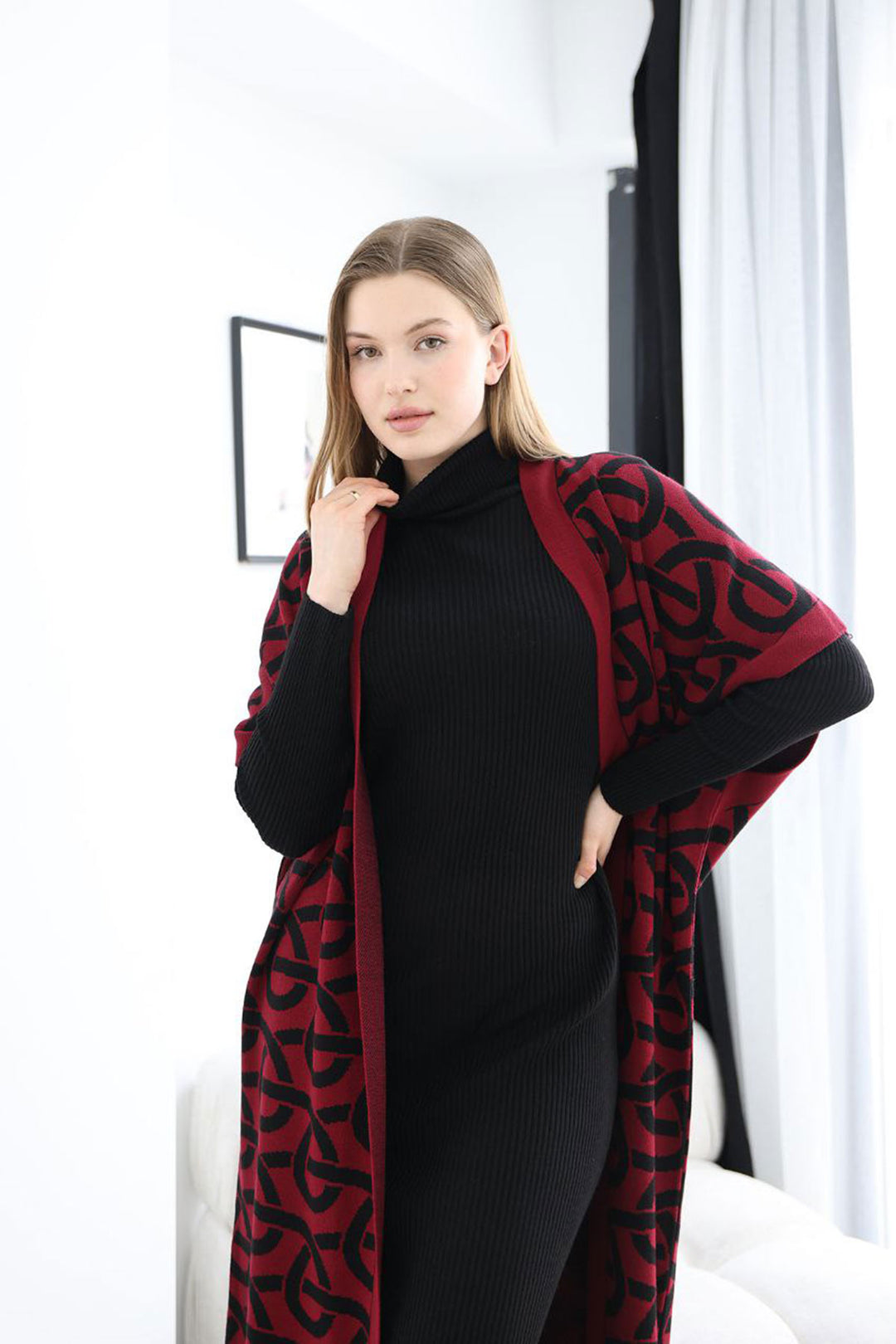 Burgundy Turtleneck Knit Dress and Long Patterned Cardigan Set BCES-252040 - Scandicci
