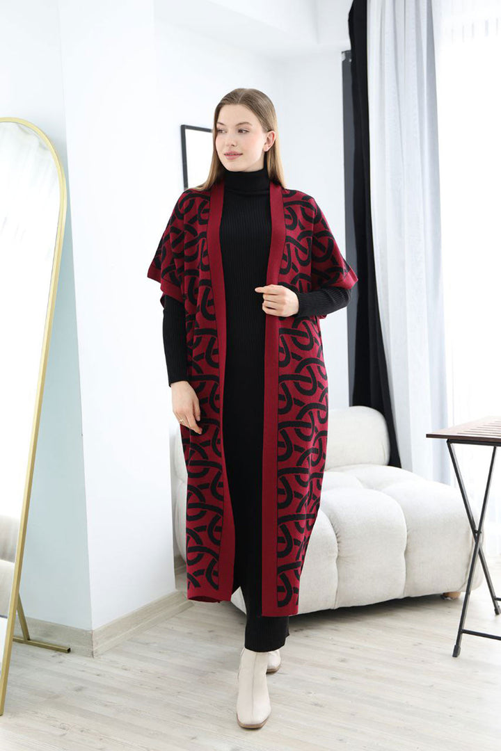 Burgundy Turtleneck Knit Dress and Long Patterned Cardigan Set BCES-252040 - Scandicci